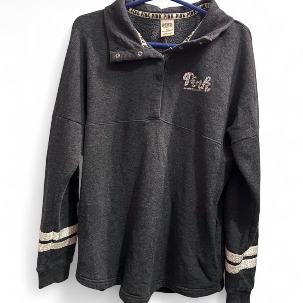 Victoria's Secret PINK Gray Pullover Sweater with sequin logo and snap collar